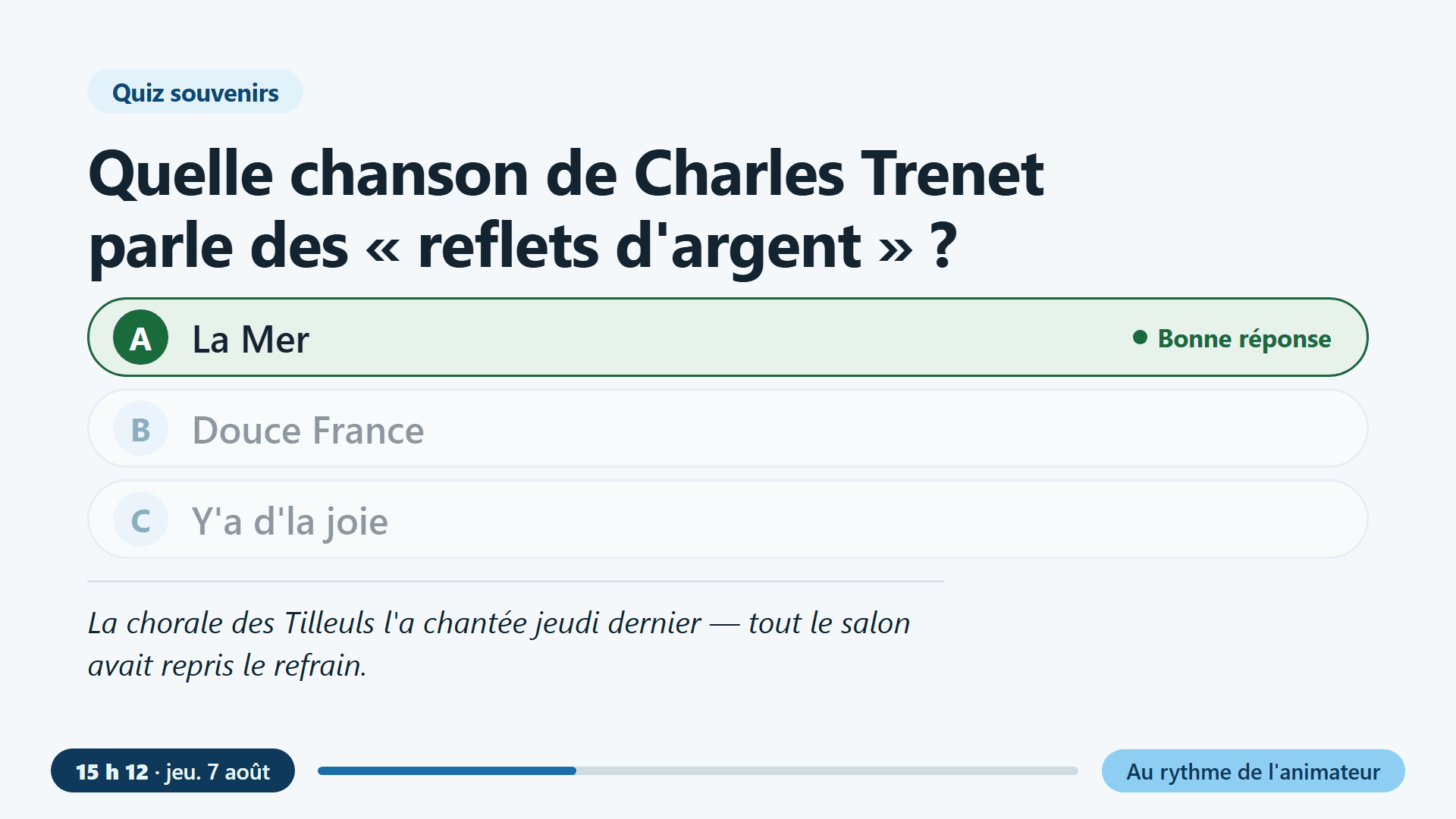 Le même écran de quiz après révélation : la proposition A "La Mer" est encadrée et surlignée en vert avec la mention "Bonne réponse", les deux autres propositions sont grisées, et sous un filet une phrase en italique rattache la réponse à la vie de la maison — "La chorale des Tilleuls l’a chantée jeudi dernier — tout le salon avait repris le refrain."